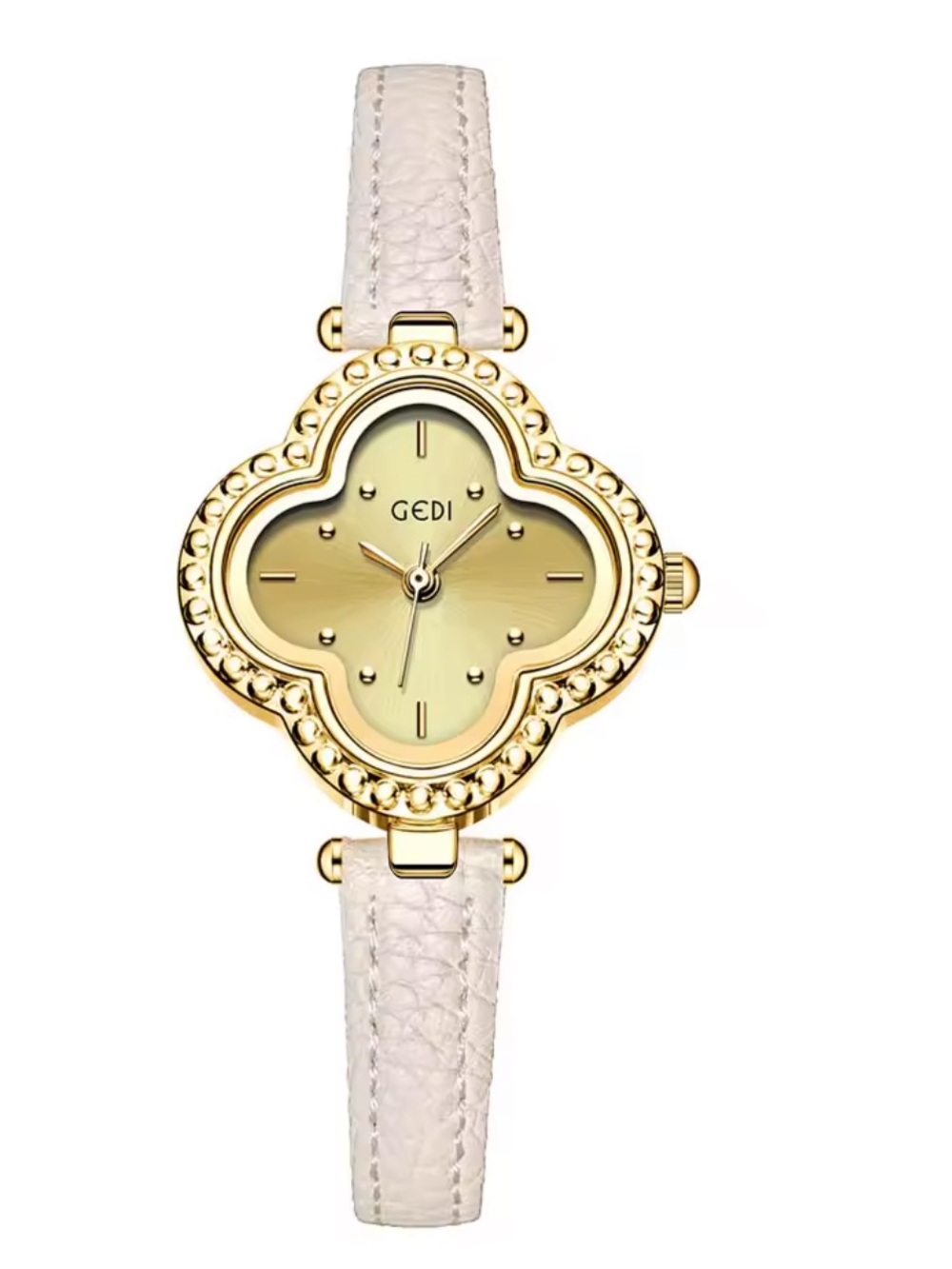 GEDI Gold-Tone Clover Watch with Light Pink Leather Strap